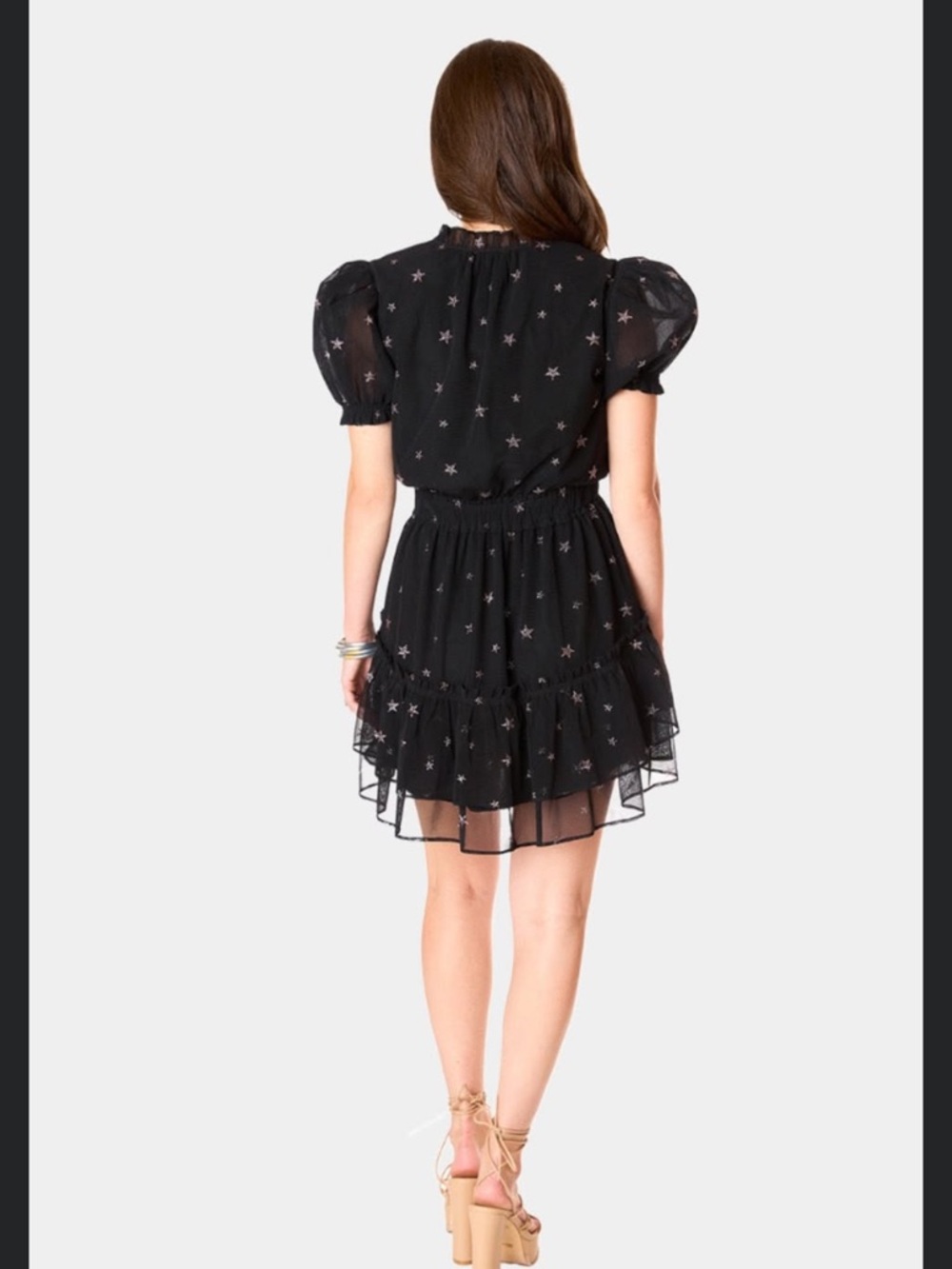 Buddy Love Clementine Mini Dress Comet Black Star Print Puff Sleeve, M, NWT - Picture 3 of 5
